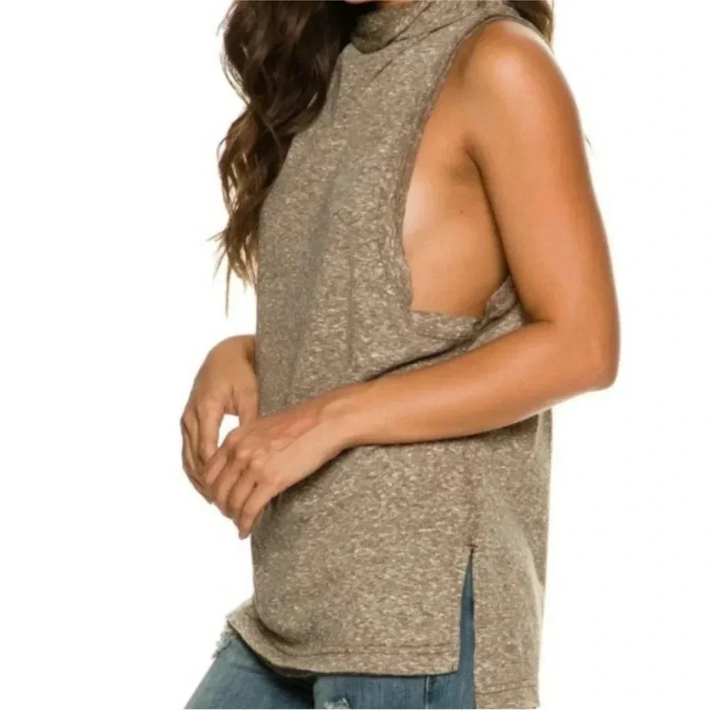 We The Free Heather Tan Sleeveless Tank Slouchy Madrid Top Mock Neck Boho Small